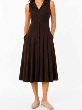 Bellissima Chocolate Brown Button Front Sleeveless Midi Dress With Pockets Large